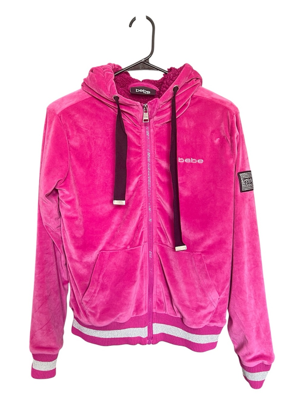bebe Sport Velour Faux Fur Lined Hooded Zip Up Jacket Y2K Bling Girly Pink SZ S